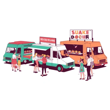 A vibrant scene features a line of gourmet food trucks parked at a bustling food festival. Each truck is uniquely designed, showcasing different cuisines. The first truck, painted in teal, offers freshly made tacos with colorful toppings displayed prominently. Next to it, a white truck serves mouth-watering sushi rolls, with an array of fresh ingredients visible in its window. Directly across, an orange truck features a large menu board showcasing gourmet burgers, with sizzling patties being cooked on a grill. The scene is filled with excited festival-goers sampling various dishes and chatting animatedly, creating a lively atmosphere filled with delicious aromas.