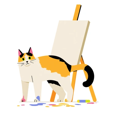 A calico cat standing proudly in front of an easel. The cat has orange, black, and white patches on its fur, with bright green eyes looking confidently ahead. Its paws are covered in colorful paint splatters of blue, red, and yellow. The wooden easel is positioned behind the cat, holding a blank canvas ready for artwork. A few paintbrushes are scattered on the floor beside the easel, and there are additional splatters of paint on the ground, creating a vibrant artistic atmosphere.