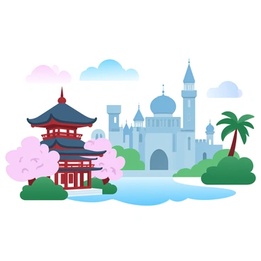 A landscape scene featuring a blend of architectural styles from various cultures. The foreground includes a traditional Japanese pagoda with intricate wooden details surrounded by cherry blossom trees. Next to it, a grand European castle with tall towers and arched windows stands proudly, showcasing its stone façade. In the background, a Middle Eastern mosque with a large dome and pointed minarets is framed by palm trees. The sky above transitions through gradient pastel colors, casting soft hues over the unique structures and the lush greenery that connects them.