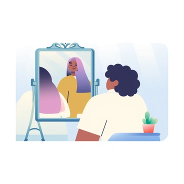 A person with curly black hair and wearing a white shirt is standing in front of a large, ornate mirror. They have a neutral expression on their face as they gaze at their reflection. In the mirror, an alternate version of themselves appears; this alternate version has long, straight hair dyed purple and is dressed in a gold jacket. The background features a softly lit room with light blue walls, creating a tranquil atmosphere. A small potted plant sits on a nearby table, adding a touch of greenery to the scene. The reflective surface of the mirror captures the details of both the person and their alternate self, enhancing the intriguing nature of the moment.