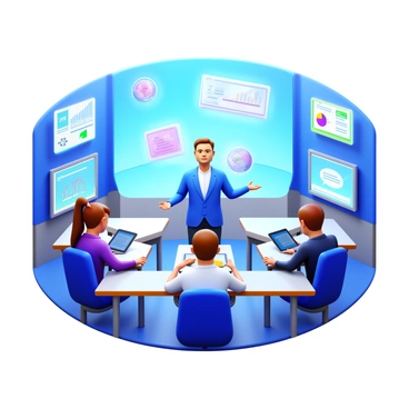 A futuristic classroom setting with sleek, modern design elements. A professor stands at the front, delivering a lecture through a hologram that displays complex data and visuals. The hologram projects vibrant, floating images and graphs that interact with the students. The classroom features advanced technology such as digital screens and interactive desks. Students are seated, engaged and using tablets for note-taking, with expressions of curiosity on their faces. The overall atmosphere is dynamic and high-tech.