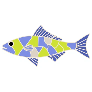 A colorful mosaic artwork showcasing the vibrant scales of a mackerel. The mosaic consists of various shades of blue, green, and silver pieces, arranged to mimic the intricate patterns of the fish's scales. Each scale is represented by a distinct tile, reflecting light in different ways, creating a shimmering effect. The background is a light ocean blue, enhancing the overall vibrancy of the artwork.
