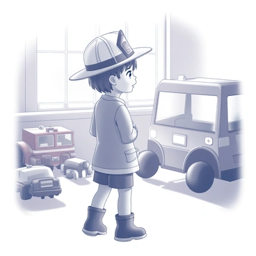 A little girl is standing in a bright room, wearing a firefighter hat that sits slightly askew on her head. She has a look of determination on her face as she gazes out the window, envisioning her future career. Her small hands are placed on her hips, and she stands confidently with her feet slightly apart. In the background, a colorful toy fire truck sits, along with various other firefighting gear scattered around the room. The sunlight filters through the window, casting soft shadows on the floor, enhancing the sense of hope and aspiration.