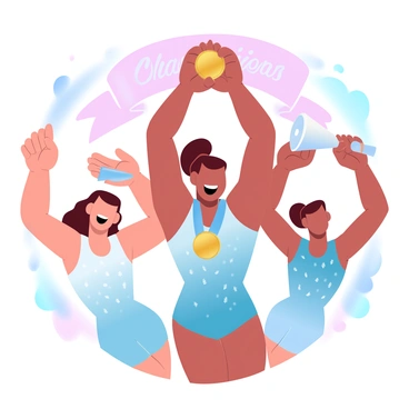 A gymnast is in the center of the image, beaming with excitement and holding a gold medal above her head. She has a colorful leotard adorned with glittering patterns. Surrounding her are teammates, all in matching outfits, raising their arms in celebration. One teammate is holding a large trophy, while another is blowing a whistle in joy. The background features a vibrant banner that reads "Champions," adding to the celebratory atmosphere.