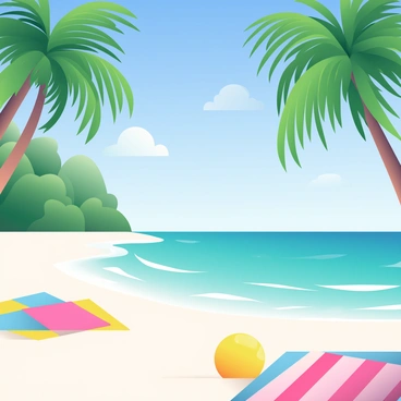 A picturesque tropical island beach is depicted with soft white sand under a bright blue sky. Tall, green palm trees line the beach, their fronds gently swaying in the breeze. The water is crystal-clear, showing vibrant shades of turquoise and aquamarine, with gentle waves lapping against the shore. In the distance, small white clouds float above the horizon, and a few colorful beach towels are spread out on the sand near the water’s edge. A bright yellow beach ball rests among the towels, adding a playful touch to the scene.