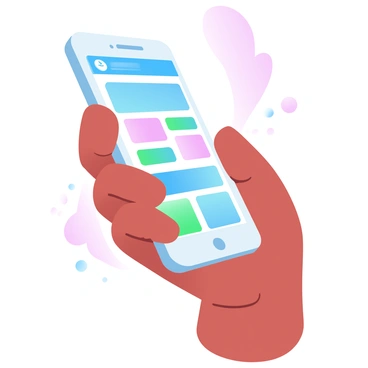 A hand is holding a smartphone with a vibrant, colorful app interface displayed on the screen. The app interface features various icons and sections in a range of bright colors, creating an eye-catching visual effect. The background is softly blurred, bringing focus to the smartphone and the vivid colors of the app, while the hand is positioned naturally, gripping the device securely.