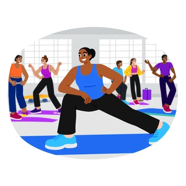 A fitness instructor with a muscular build is demonstrating reverse lunges in a vibrant workout class. The instructor is wearing a bright blue tank top and black leggings, showcasing their strong legs. They are positioned in a lunge stance, with one leg stepping back and bent at the knee while the front leg is also bent. A diverse group of enthusiastic participants are following along in the background, wearing colorful athletic wear. The room is filled with large windows allowing sunlight to stream in, illuminating the scene. Exercise mats are spread out on the floor, and fitness equipment like dumbbells and resistance bands can be seen nearby.