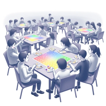 A school cafeteria filled with students engaged in a lively game of loto. Several tables are occupied, with students sitting on chairs, their faces displaying joy and excitement. A large, colorful loto board is set on each table, with numbers printed clearly. Some students are leaning forward in anticipation, while others are calling out numbers enthusiastically. Lunch trays with various food items are scattered across the tables, and the background shows a bustling scene with more students and cafeteria staff. The atmosphere is filled with laughter and chatter as they enjoy their lunch break.
