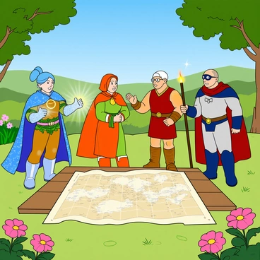 A group of five Disney-style heroes stands together in a bright, colorful clearing. Each hero showcases their unique powers visually. The first hero, a tall character with flowing blue hair and a sparkling cape, radiates a shimmering light from their hands. The second hero, a small figure with green skin and vibrant, leafy attire, has vines wrapped around their arms. The third hero, a muscular character with a fiery red outfit, has flames dancing around their fists. The fourth hero, a wise-looking figure with glasses and a long, flowing robe, holds a glowing staff that emits a soft, magical glow. The fifth hero, a swift character with a sleek costume and a mask, stands poised as if ready to leap into action. They all huddle around a large, detailed map laid out on a wooden table, pointing and discussing their next mission. Bright flowers and a clear blue sky frame the scene, enhancing the vibrant atmosphere of camaraderie and adventure.