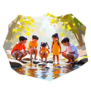 A group of children, three boys and two girls, are laughing and splashing in the shallow water of a small stream. They are surrounded by lush green trees with sunlight filtering through the leaves, creating dappled patterns on the ground. One boy, wearing a red shirt, is skipping stones across the water while a girl in a yellow dress watches eagerly. Another girl, with braided hair, is crouched down, inspecting the small fish darting in the stream. The scene is filled with vibrant colors and the joyful energy of childhood exploration.