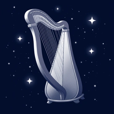 A harp with intricate features and elegant curves is floating in a vast night sky. The strings of the harp are taut and glimmering, reflecting light from distant stars. Surrounding the harp, numerous stars are scattered across the dark expanse, twinkling brightly in various sizes and shapes. The backdrop is a deep black, punctuated with the luminous points of light that create a sense of depth and infinite space.