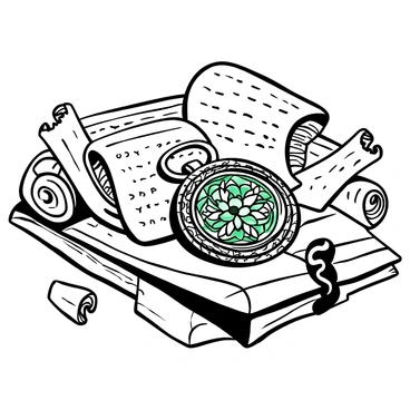 A medieval-style locket lying on a wooden table, surrounded by ancient scrolls which are partially unrolled. The locket is intricately designed, featuring ornate patterns and delicate emerald inlays that reflect light. The scrolls are aged, with frayed edges and faded writing visible on their surfaces. Some scrolls are stacked, while others are scattered around, creating a sense of an archaeological discovery.