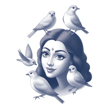 A close-up view of Durga's face, showcasing intricate details of her features. She has a serene expression, with her eyes reflecting strength and compassion. Around her, several birds are perched, emphasizing their delicate forms and varying sizes. The birds are positioned harmoniously, some resting on her shoulders while others are hovering nearby. The composition highlights the contrast between Durga's powerful presence and the gentle nature of the birds, symbolizing freedom and harmony in their coexistence.