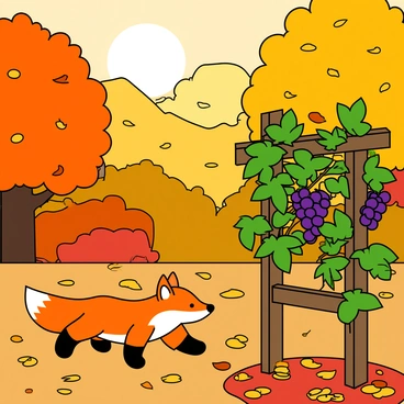 A vibrant autumn landscape featuring a variety of trees with orange, yellow, and red leaves. The ground is covered with a mix of fallen leaves creating a colorful carpet. In the foreground, a curious fox with a bushy tail and bright orange fur is wandering through the leaves. The fox is looking ahead towards a lush grapevine, which is climbing up a wooden trellis adorned with plump, dark purple grapes. The sun is casting a warm glow over the scene, adding a soft light to the surroundings.