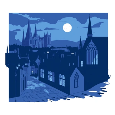 A panoramic view of a gothic city at night features tall, intricate spires and arched windows of dark buildings, casting elongated shadows. Street lamps with ornate designs emit a soft, warm glow, illuminating the cobblestone streets below. The full moon hangs low in the sky, casting a silver light over the rooftops and highlighting the detailed carvings on the stone facades. Wisps of clouds drift across the night sky, adding depth to the scene, while the silhouette of a distant cathedral stands prominently against the moonlit backdrop.