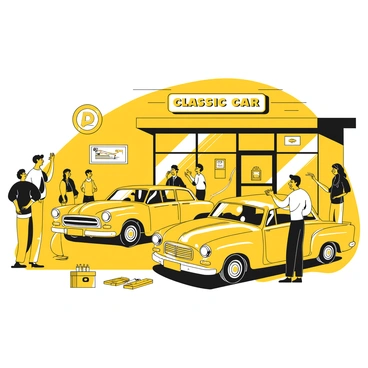 A group of vintage car enthusiasts stands outside a retro-style car shop. Several people are engaged in animated discussions, examining the cars parked nearby. The cars are classic models with distinct shapes and designs, showcasing their unique features. The shop has a large window displaying various car memorabilia and vintage signs. In the foreground, there are tools and parts laid out on a table, indicating an ongoing project. The shop’s entrance is adorned with a neon sign that reads "Classic Cars." The atmosphere is lively as enthusiasts share their passion for these automobiles.