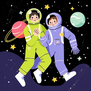 Kaede and Suzu are depicted as astronauts wearing colorful space suits, with Kaede in a vibrant green suit and Suzu in a bright purple suit. They are floating together in a vast galaxy filled with countless twinkling stars in shades of white and yellow. Behind them, various planets of different sizes and colors add to the cosmic scene, including a red planet and a blue-green planet. Kaede and Suzu are smiling and enjoying their adventure, with their helmets reflecting the stars around them. The background is filled with hints of swirling nebulae in pastel colors, enhancing the sense of wonder in space.