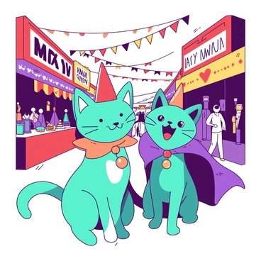 Two teal cats are playfully dressed in vibrant costumes, standing amidst a bustling street festival. One cat wears a bright orange jester outfit with bells on its collar, while the other is adorned in a purple superhero cape, its eyes sparkling with excitement. Colorful decorations hang overhead, with streams of red and yellow banners fluttering in the breeze. Nearby, there are stalls filled with festive treats, and a crowd of people is enjoying the lively atmosphere, adding to the joy of the scene.