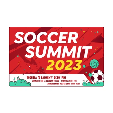 A red soccer event banner features bold white lettering that reads "SOCCER SUMMIT 2023" prominently across the top. Below the text, there are colorful illustrations of soccer balls in various sizes, some in teal and others in yellow, scattered playfully around the banner. The background of the banner is designed with diagonal stripes in red and white, creating a dynamic and engaging visual appeal. The bottom of the banner includes additional details in smaller white text, surrounded by vibrant teal and yellow accents.