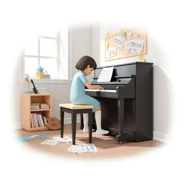 A young girl, wearing a light blue dress and white tights, is sitting on a wooden piano bench, focused on playing a piano. The piano is a glossy black upright, and her fingers are poised over the keys. Around her, the cozy music room is filled with scattered sheet music on the floor and some pinned to a bulletin board on the wall. Soft sunlight streams through a window, casting a warm glow over the room. In one corner, a small bookshelf holds various music books, and a few musical instruments, like a guitar and a violin, are resting nearby. The atmosphere is inviting and warm, reflecting her dedication to learning music.