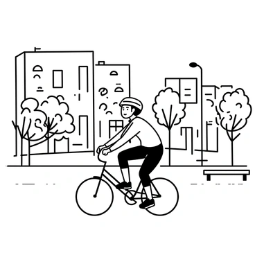 A cyclist sitting on a recumbent bike is pedaling smoothly along a street. The rider is wearing a helmet and sporting athletic clothing. Surrounding the cyclist, buildings are decorated with intricate graffiti art, showcasing various shapes and designs. The street is lined with urban elements, such as lampposts and benches. A few trees provide a subtle contrast against the urban backdrop. The scene captures a vibrant, dynamic atmosphere of city life.