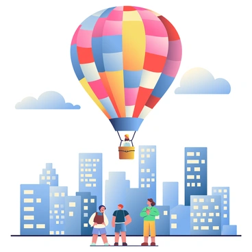 A colorful hot air balloon made entirely of various matchsticks is floating gracefully above a detailed cityscape. The balloon features a patchwork of vibrant colors, including reds, blues, and yellows, arranged in a geometric pattern. Below, the cityscape displays a mixture of tall skyscrapers and smaller buildings, with windows reflecting sunlight. The sky is a clear blue, and a few fluffy white clouds drift gently in the background. In the foreground, a group of people on the ground gaze up in wonder at the unique sight.