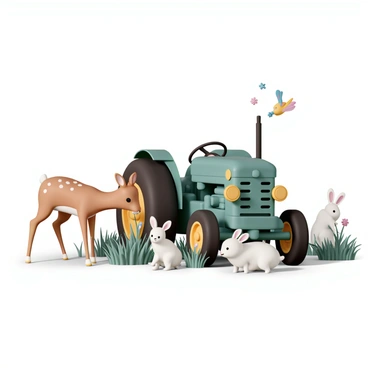 A group of wild animals is gathered around a parked tractor on the outskirts of a forest. A curious deer with a light brown coat and white spots is standing close to the tractor, its ears perked up as it examines the vehicle. Nearby, a family of rabbits with fluffy tails and soft fur is peeking out from behind a bush, their noses twitching as they observe the scene. A pair of colorful birds flit between the branches of a nearby tree, their bright feathers contrasting with the earthy tones of the forest. The tractor, painted in vibrant green with rust spots, is nestled among the tall grass and wildflowers, creating a rustic backdrop for the curious animals.