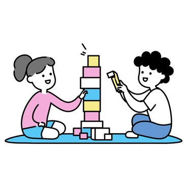 Two children are sitting on a soft rug. One child, a girl with brown hair in pigtails, is stacking red and blue building blocks while smiling. The other child, a boy with curly black hair, is reaching for a yellow block to add to the tower. The tower, made of various bright colors, is towering high between them. Both children are focused and engaged, surrounded by scattered building blocks of different shapes and sizes.