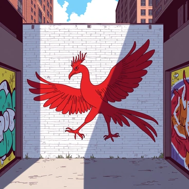 A vibrant red phoenix is depicted in flight on a weathered white brick wall in an urban alley. The phoenix has intricately detailed feathers that transition from red to white, emphasizing its majestic form. The alley is narrow, with hints of scattered graffiti art surrounding the mural, adding to the urban ambiance. Sunlight filters through tall buildings, casting a gentle light on the mural, highlighting its colors and details. The ground is slightly damp, reflecting the vibrant hues of the phoenix.