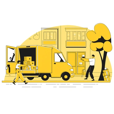 A yellow delivery truck is parked on a busy urban street, with its back doors open. Boxes of various sizes are being unloaded onto the sidewalk. A person in a black uniform is lifting a large package out of the truck, while another person is arranging smaller boxes on the ground. In the background, tall buildings and storefronts line the street, and pedestrians are walking past, carrying shopping bags. A tree is visible on the side of the street, providing some shade to the scene.