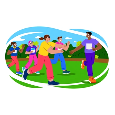A group of five runners in colorful athletic outfits, each wearing bright sneakers, are participating in a relay race. The runners are positioned in a lively outdoor setting, surrounded by green grass and cheering spectators in the background. One runner is extending their arm forward to pass the baton, while another eagerly reaches out with a big smile on their face, showcasing moments of teamwork and camaraderie. The expressions on their faces are joyful, and they are all focused on the race, with a clear blue sky above them. Each runner has unique hairstyles and accessories that add to their individual personalities.