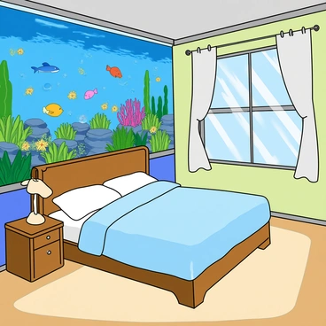 A cozy bedroom featuring "underwater-themed wallpaper" adorned with colorful fish, coral reefs, and bubbles. The room has a "large fish tank" filled with various tropical fish swimming among vibrant plants and rocks. There is a "soft blue bedspread" on a neatly made bed, with fluffy pillows arranged at the headboard. A small wooden nightstand is beside the bed, holding a "lamp shaped like a starfish" that emits a warm light. The flooring is covered in a "light-colored rug" that resembles sandy ocean shores. Sunlight streams through a "large window" adorned with sheer curtains, casting gentle reflections across the room.