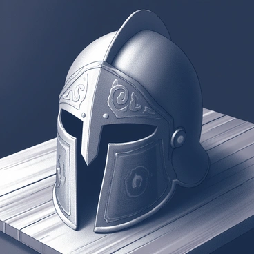 A close-up view of an ornate helmet belonging to Boromir. The helmet features intricate engravings and a polished surface, reflecting light subtly. It is resting on a rustic wooden table, with the wood grain visible and textured. The surroundings are dimly lit, allowing the details of the helmet to stand out against the darker hues of the tabletop.