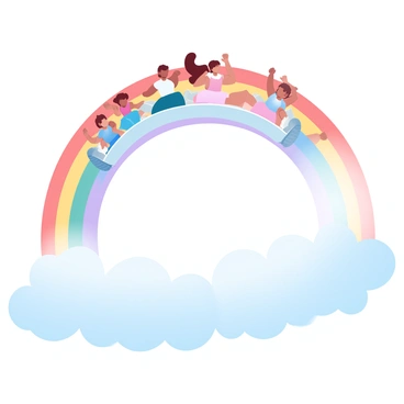 A group of children is sliding down a "rainbow" that arcs gracefully from the sky. The rainbow features vibrant gradient colors that blend smoothly into one another. Below the rainbow, there is a vast "field of soft, fluffy clouds" that appears inviting and fluffy, creating a whimsical landscape. The children wear colorful clothing as they glide with joy down the rainbow, their playful poses suggesting excitement and freedom. The clouds below are arranged in varying sizes, contributing to the dream-like atmosphere of the scene.