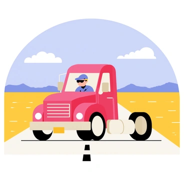 A truck driver wearing a blue cap and sunglasses sits inside a large, red truck. The truck is positioned on a long, desolate highway with a straight road extending into the distance. Vast fields of yellow grass stretch out on either side of the highway, under a bright blue sky. Fluffy white clouds dot the horizon, while a distant line of mountains is barely visible in the background. The scene conveys a sense of solitude and freedom on the open road.