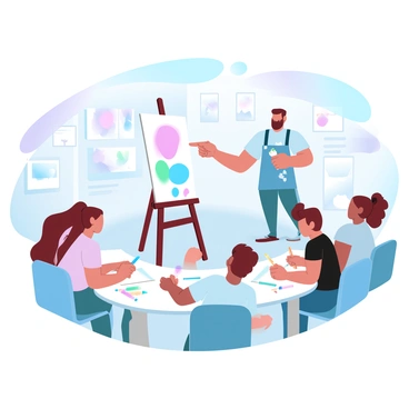 A male art teacher is standing beside a large easel, pointing towards a colorful canvas. He is wearing an apron splattered with paint and holding a brush in one hand. Around him, several students are seated at tables, each focused on their own illustrations. The students are using various art supplies, such as colored pencils, markers, and paint. The classroom is filled with vibrant artwork displayed on the walls and a variety of art materials scattered across the tables.