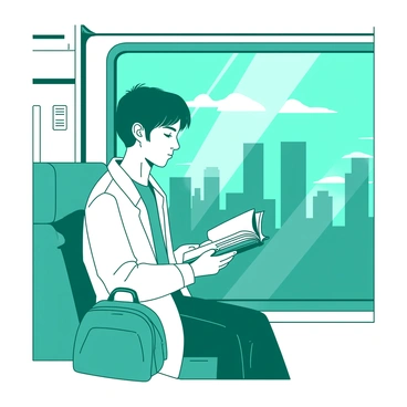 A teal commuter with short hair is sitting on a train seat, engrossed in reading a book. The commuter is wearing a white jacket and has a small teal backpack beside them. The train window shows a vibrant city skyline in the background, featuring tall buildings in various shapes and sizes. The light from the city reflects off the train's glass, creating an interplay between the interior and the exterior. The book in the commuter's hands is open, and a few pages are slightly fluttering, suggesting movement.