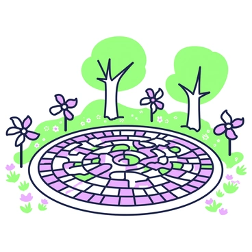 An outdoor mosaic art piece is composed of hundreds of small pinwheels arranged in a circular pattern. Each pinwheel features intricate designs and unique shapes, creating a vibrant visual effect. The pinwheels are constructed from various materials, giving them distinct textures. The mosaic is set on a light-colored patio, surrounded by green grass and small flowers. In the background, there are trees that provide natural shade, enhancing the outdoor atmosphere. The overall composition showcases a harmonious blend of color, structure, and nature.