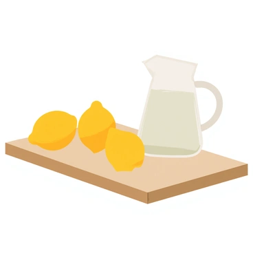 A still life composition featuring three bright yellow lemons placed on a wooden cutting board. A clear glass pitcher filled with water sits next to the lemons, reflecting light. The cutting board has a light brown finish, and the background is simple, allowing the focus to remain on the lemons and the pitcher.