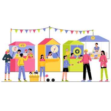 A school fair scene filled with children and parents participating in various games. The fair features colorful booths with games such as ring toss, dart throws, and a balloon dartboard. Children are laughing and playing, some winning prizes, while parents watch and cheer. Strings of bright bunting hang above, fluttering in the breeze, adding to the festive atmosphere. In the background, a picnic area with checkered blankets and baskets is visible, filled with snacks and drinks, creating a lively and engaging environment.