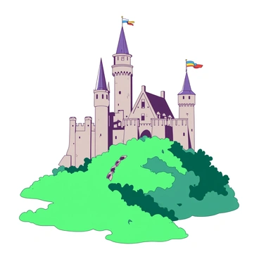 A duotone castle stands majestically atop a green hill. The castle features tall towers with pointed roofs and intricate stonework. Colorful banners are attached to the towers, fluttering playfully in the wind. Surrounding the castle, vibrant green grass cascades down the hill, creating a lush contrast with the castle's stone structure. The sky above is clear, enhancing the enchanting atmosphere of the scene.