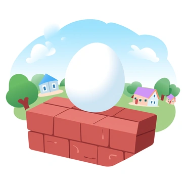 "Humpty Dumpty" is portrayed as an egg-shaped character sitting atop a sturdy "brick wall." The wall is made of red and brown bricks, showing some weathered texture. In the background, a "picturesque town" is visible, featuring quaint houses with colorful roofs and lush green trees scattered throughout. A clear blue sky stretches above the scene, with soft white clouds drifting lazily. The sunlight casts gentle shadows, enhancing the vibrant colors of the town and creating a warm atmosphere.