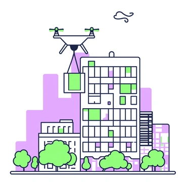 A futuristic drone is flying through the sky, approaching a high-rise building in a modern city. The drone has a sleek, streamlined design with propellers visible on its sides. Below, the high-rise building features large glass windows that reflect the surrounding skyline. The building is adorned with balconies, and there are trees lining the street at its base. In the background, several other modern buildings rise, creating a bustling urban atmosphere. The sky is clear, allowing for a bright view of the cityscape. The drone is positioned just above the building, preparing to deliver a package that hangs beneath it, secured and ready for drop-off.