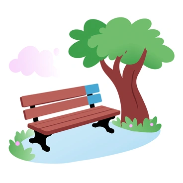 A park bench situated in a green park environment features a wooden structure with one-fourth of the seating area painted in bright blue. The remaining portion of the bench maintains its natural wood color. The bench is positioned on a light gravel path surrounded by lush grass and small colorful flowers. A tree with a thick trunk and broad leaves provides shade over the bench. In the background, soft pastel-colored clouds are visible in the sky.