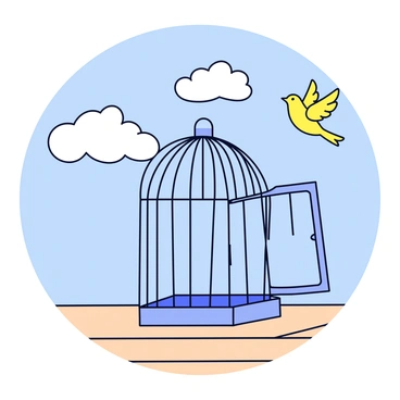 An open birdcage with a light blue finish, standing on a simple wooden table. The door of the cage is wide ajar, showing the empty interior. Outside the cage, a small yellow bird with bright wings is soaring upwards into a clear blue sky, leaving the cage behind. The background features a few fluffy white clouds scattered across the sky.