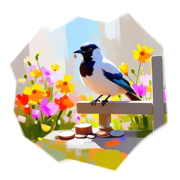 A curious magpie with iridescent black and white feathers is perched on a garden fence. The bird has bright, intelligent eyes and is holding a small, shiny object in its beak. Around the magpie, the sunlit garden is filled with vibrant flowers in various colors, including reds, yellows, and purples, all basking in the warm sunlight. On the ground, there are several glittering trinkets such as coins, bits of foil, and glass shards, scattered among the lush green grass. The background features a variety of plants and a clear blue sky, enhancing the cheerful atmosphere of the scene.