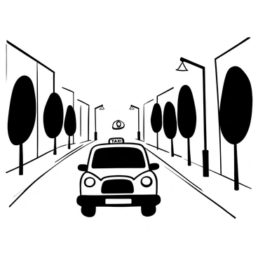 A British taxi driving down a street, with the body of the vehicle detailed and distinct. Long shadows stretch across the pavement, cast by nearby buildings and trees lining the street. The sun is shining brightly, providing a clear view of the scene. The road is empty, with a few street lamps standing tall along the sides.