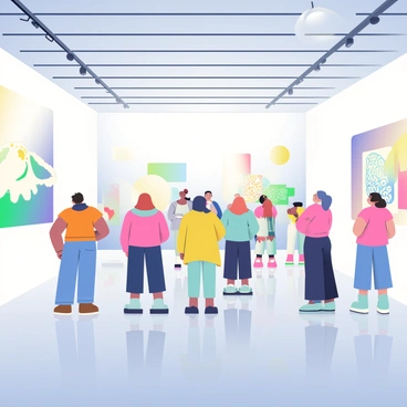 A futuristic art exhibit in Singapore features a large, open space with sleek, white walls. Holographic illustrations are displayed throughout the venue, projecting vibrant colors and intricate designs that seem to float in the air. In the center of the room, a group of diverse visitors, including individuals of various ethnicities, are gazing at the holograms with expressions of curiosity and wonder. The floor is polished and reflects the holographic lights, adding to the immersive atmosphere. Soft, ambient lighting enhances the experience, creating a captivating environment for art appreciation.