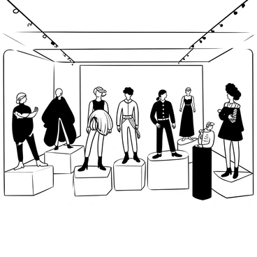 A spacious exhibition hall filled with multiple mannequins, each displaying unique and intricate avant-garde fashion designs. The mannequins are positioned on sleek pedestals at varying heights, showcasing a range of textures and silhouettes. Some designs feature exaggerated shapes, while others incorporate unusual materials like feathers or metallic elements. The floor is polished and reflects the striking outfits, enhancing the overall aesthetic. There are minimalist display stands with fashion sketches and notes accompanying each design, providing context to the creations. The surrounding space is elegantly lit to highlight the details of the garments.