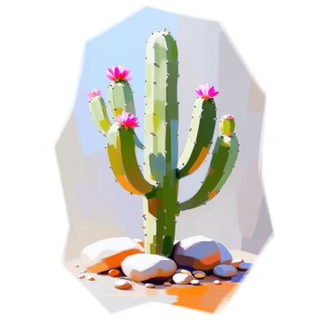 A cactus with a tall, slender green trunk adorned with several prominent arms extending outward. The arms are rounded and slightly curved, showcasing a smooth surface. At the top of each arm, there are small clusters of vibrant pink flowers blossoming. The base of the cactus is surrounded by a mix of small, smooth stones in earth tones, creating a natural setting. The background is a subtle gradient of pale blue, emphasizing the simplicity of the composition.